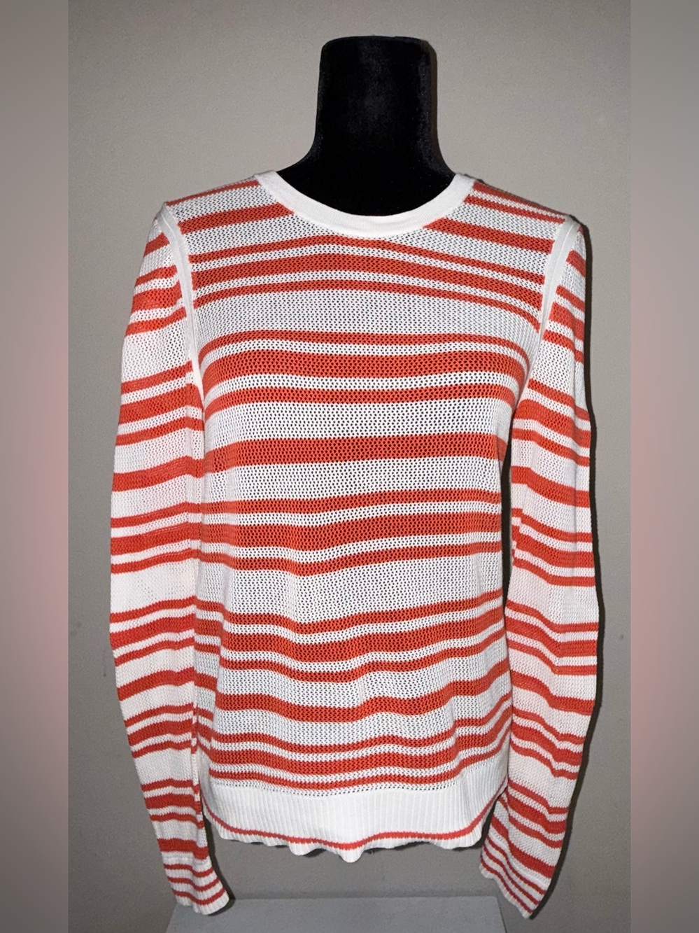 Rag & Bone JEAN Orange White Striped Open Knit Mesh Cotton Sweater Large L